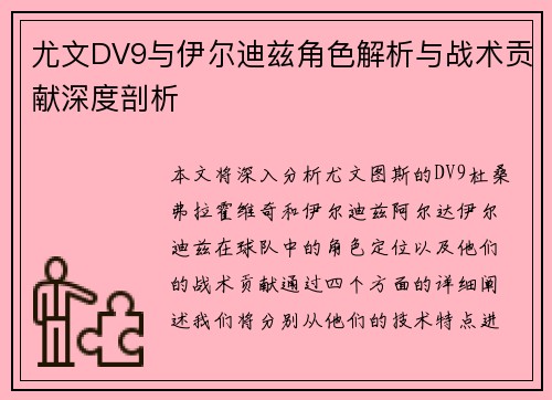 尤文DV9与伊尔迪兹角色解析与战术贡献深度剖析