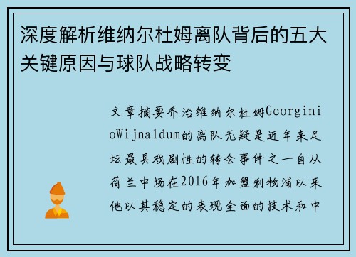 深度解析维纳尔杜姆离队背后的五大关键原因与球队战略转变
